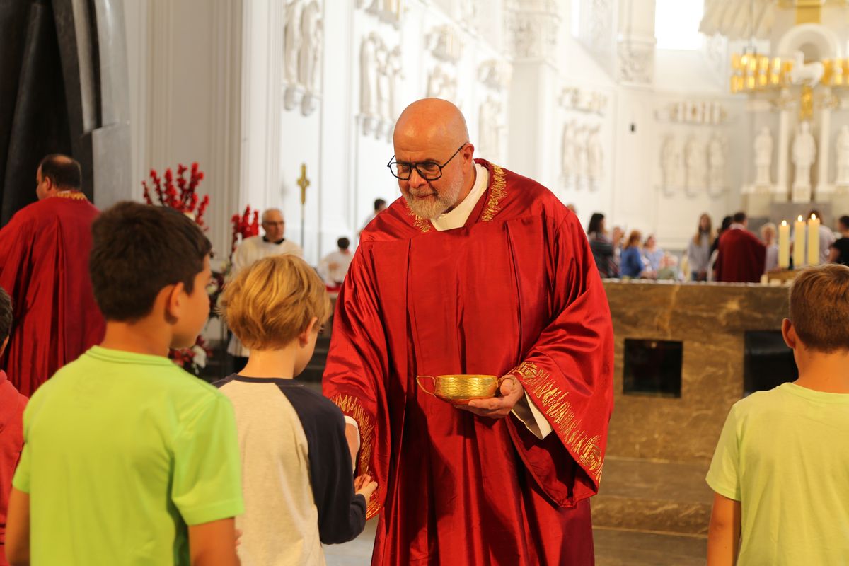 Über 1400 Kinder und ihre Begleiter sind am Montagvormittag, 7. Juli 2025, zum Gottesdienst für Erstkommunionkinder mit Bischof Dr. Franz Jung in den Würzburger Kiliansdom gekommen. 