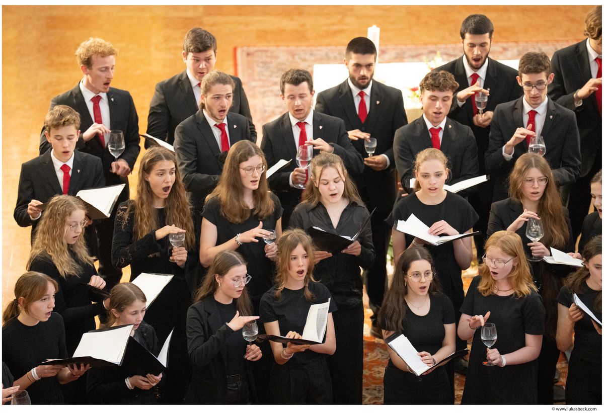 Beim Werk "Stars" begleiten sich die Sängerinnen und Sänger selbst mit wassergefüllten Weingläsern.