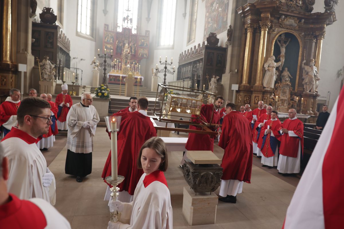 Mit einer Reliquienprozession von Sankt Burkard über die Alte Mainbrücke und einem Pontifikalgottesdienst im Kiliansdom ist am Sonntag, 6. Juli, die Kiliani-Wallfahrtswoche 2025 eröffnet worden.