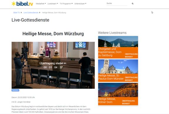 BibelTV überträgt ab Mittwoch, 25. März, die täglichen Gottesdienste aus der Sepultur des Würzburger Kiliansdoms auch auf seiner Internetseite. 