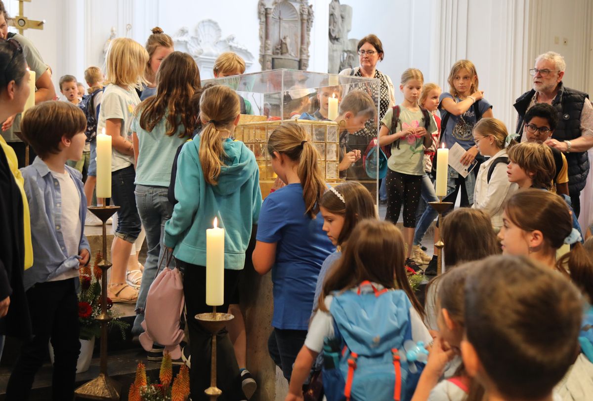 Mit rund 1300 Kommunionkindern und ihren Begleitern hat Weihbischof Paul Reder am Montag, 8. Juli, einen Gottesdienst im Kiliansdom gefeiert. Immer wieder ein besonderes Erlebnis: den Schrein mit den Häuptern der Frankenapostel einmal aus der Nähe sehen.