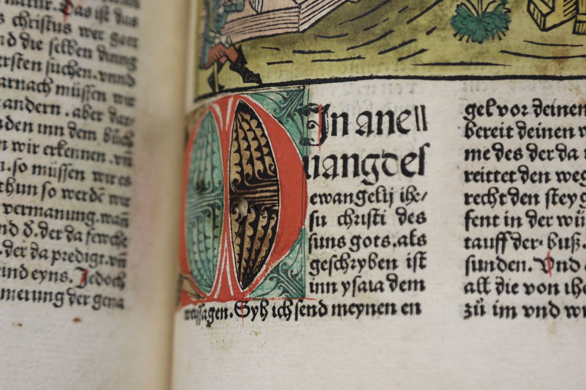 ... ist aber vermutlich sogenannter Farbfraß. Dabei verfärben sich über die Jahrhunderte die grünen Kupferpigmente in der TInte bräunlich und drücken auf die Gegenseite durch.  ... ist aber vermutlich sogenannter Farbfraß. Dabei verfärben sich über die Jahrhunderte die grünen Kupferpigmente in der TInte bräunlich und drücken auf die Gegenseite durch.