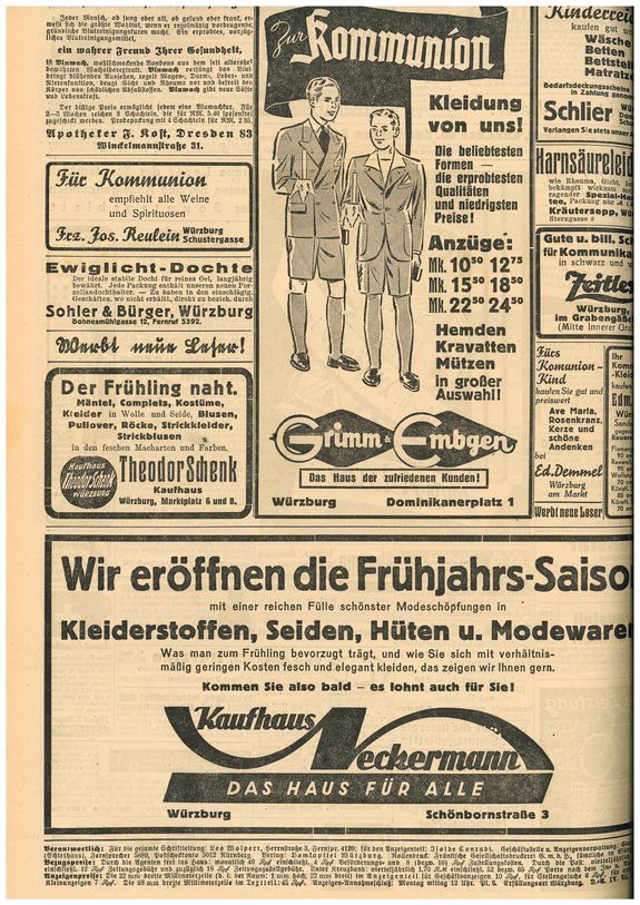 Sonntagsblatt-Anzeigen Eine Anzeigenseite aus dem Würzburger katholischen Sonntagsblatt aus dem März 1936.