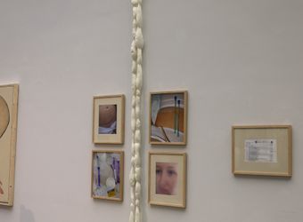 "Holy Breast 2" heißt dieser Wandteppich. Die weißen Schnüre symbolisieren die Muttermilch. Die Fotoserie darum herum zeigt unter anderem Spritzen und Narben in Großaufnahme.